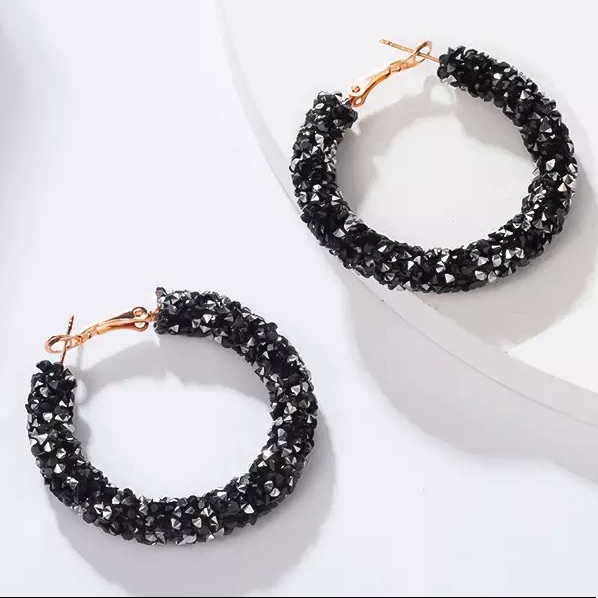 235 Sparkly Black Embellished Big Hoop Earrings 22$
